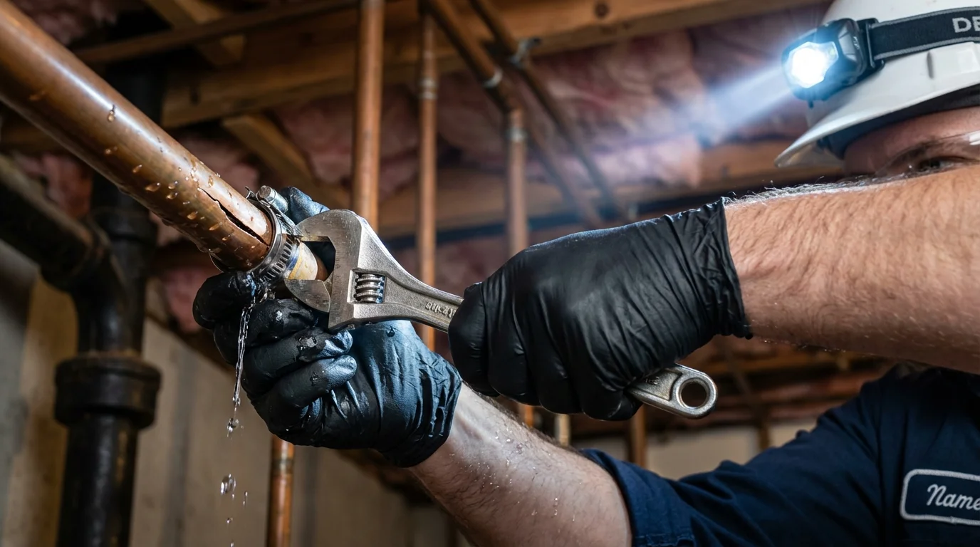 Emergency pipe clamp repair being performed by a Johns Plumbing LLC plumber in Roseau