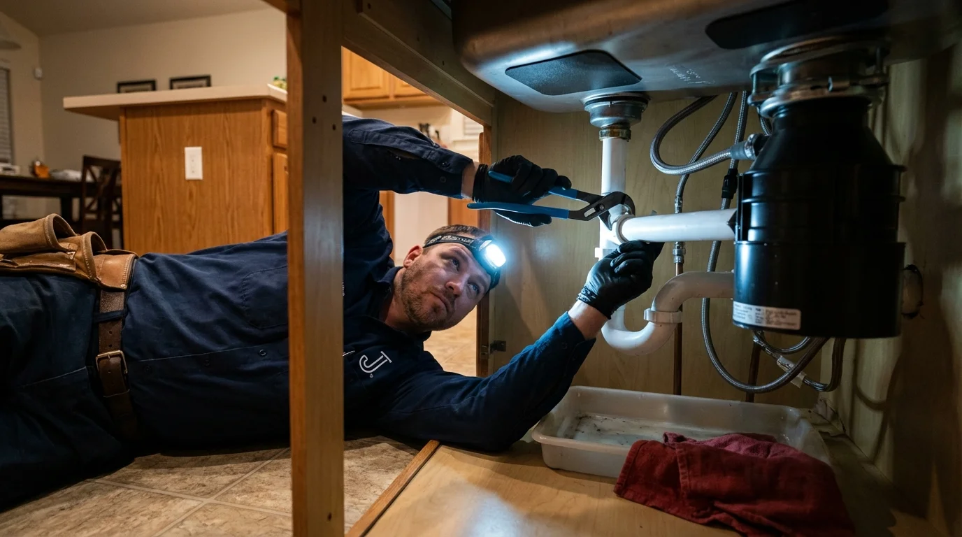 P-trap and supply line connections under a kitchen sink showing a common leak point in Roseau, MN